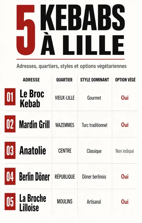 Infographie Lille kebab présentant 5 adresses recommandées, leurs quartiers et leurs styles dominants