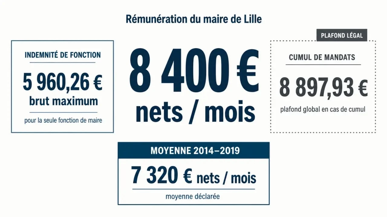 Maire de Lille salaire : comparaison visuelle entre indemnité de fonction, cumul de mandats et plafond légal