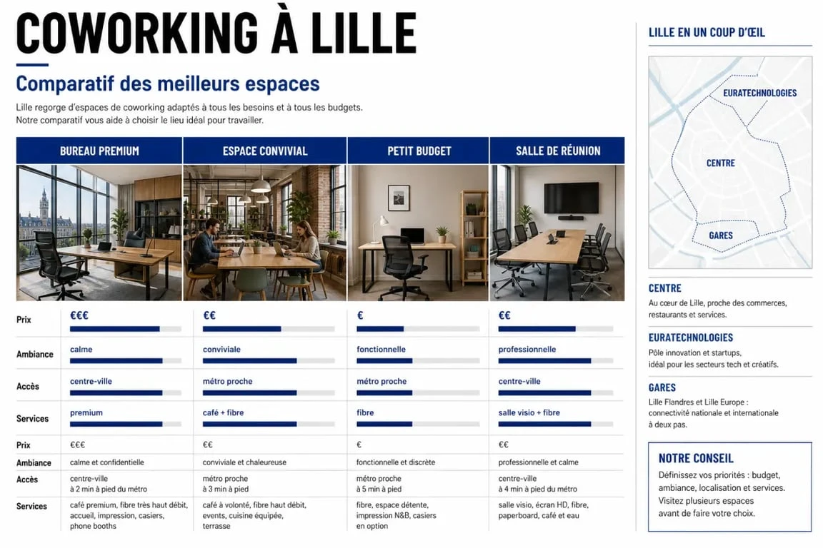 Meilleurs espaces de coworking à Lille : comparaison visuelle des critères de choix, prix, ambiance, accessibilité et services