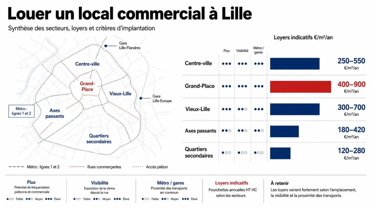 Local commercial Lille : synthèse visuelle des quartiers, des loyers et des critères de choix