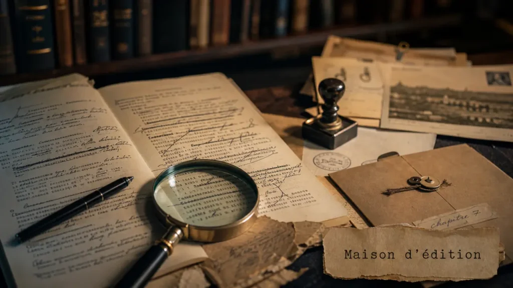 Maison d’édition Lille : manuscrit annoté, loupe et documents