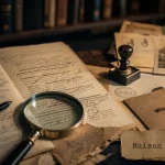 Maison d’édition Lille : manuscrit annoté, loupe et documents