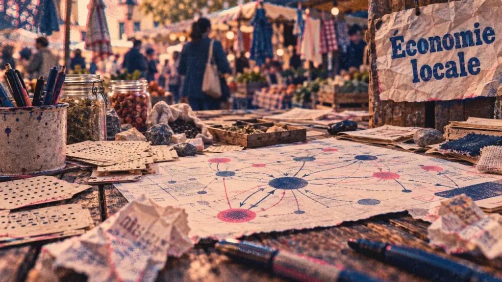 Économie locale : table atelier et documents sur flux, marché de quartier flou
