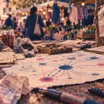 Économie locale : table atelier et documents sur flux, marché de quartier flou