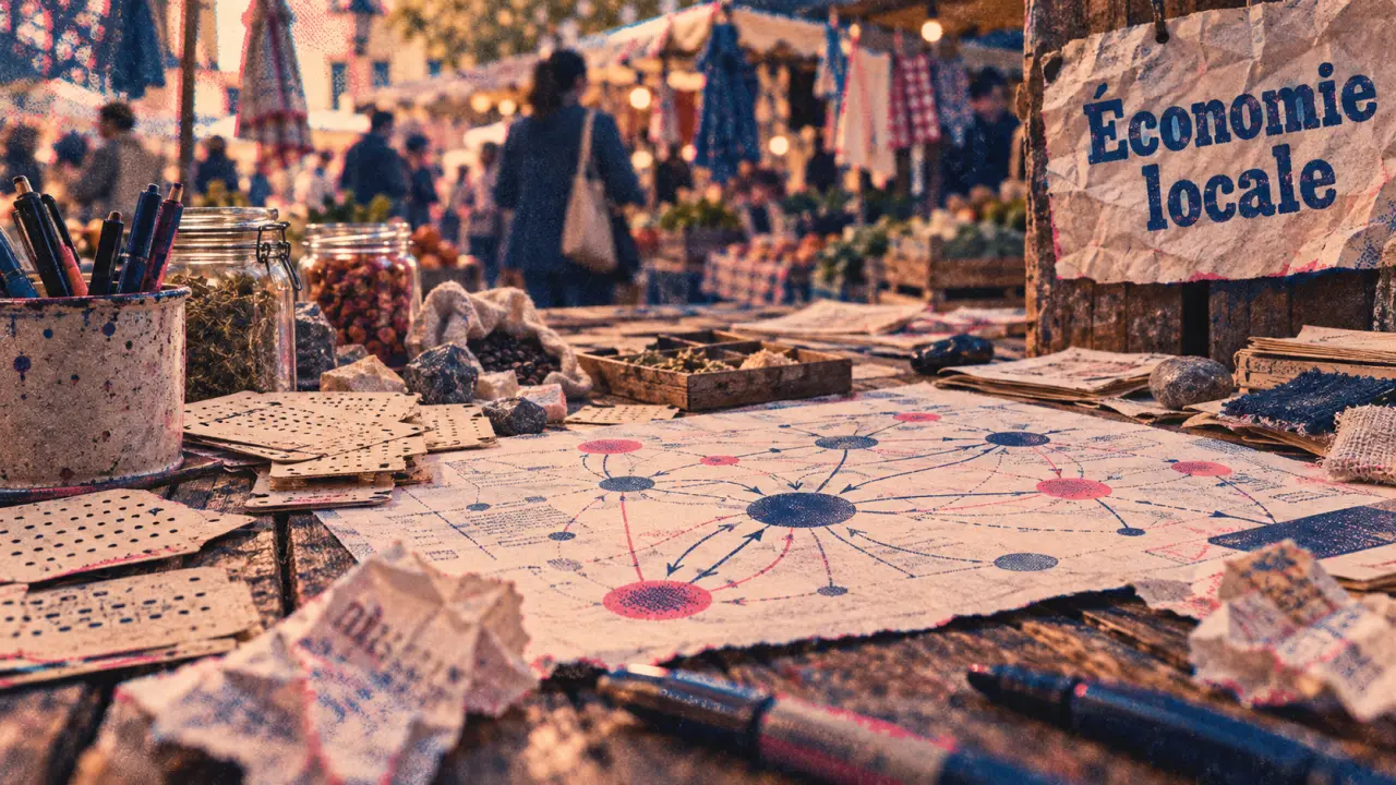 Économie locale : table atelier et documents sur flux, marché de quartier flou