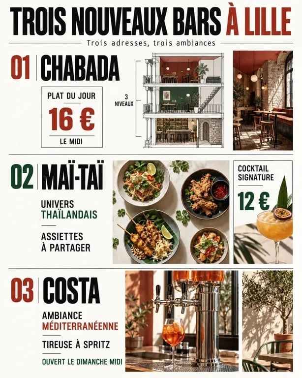Infographie des nouveaux bars à Lille : Chabada, Maï-Taï et Costa