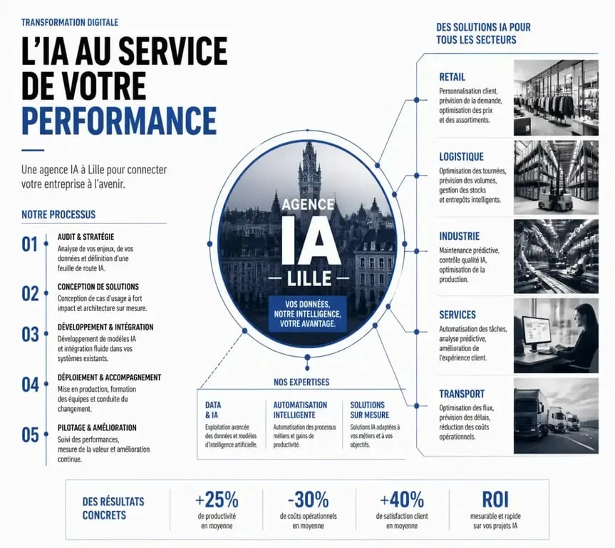 Illustration conceptuelle d'une agence IA à Lille accompagnant la transformation numérique des entreprises locales