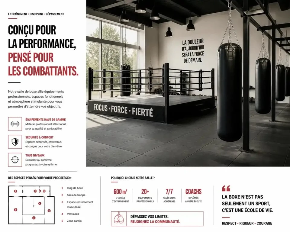 Intérieur de l'Apollo Sporting Club Lille, salle de boxe avec ring et sacs de frappe