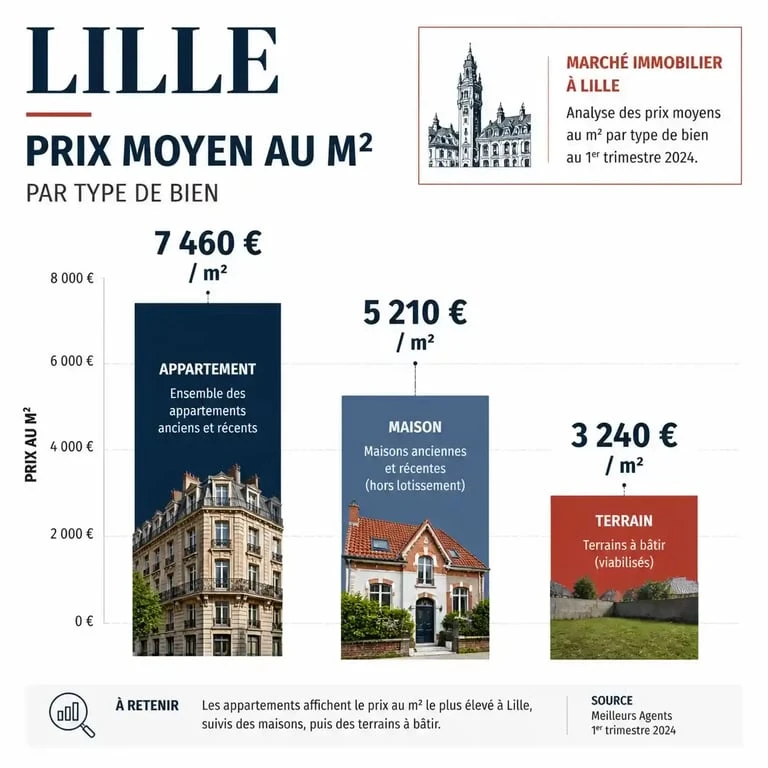 Graphique illustrant les prix de l'immobilier à Lille par type de bien pour un achat immobilier