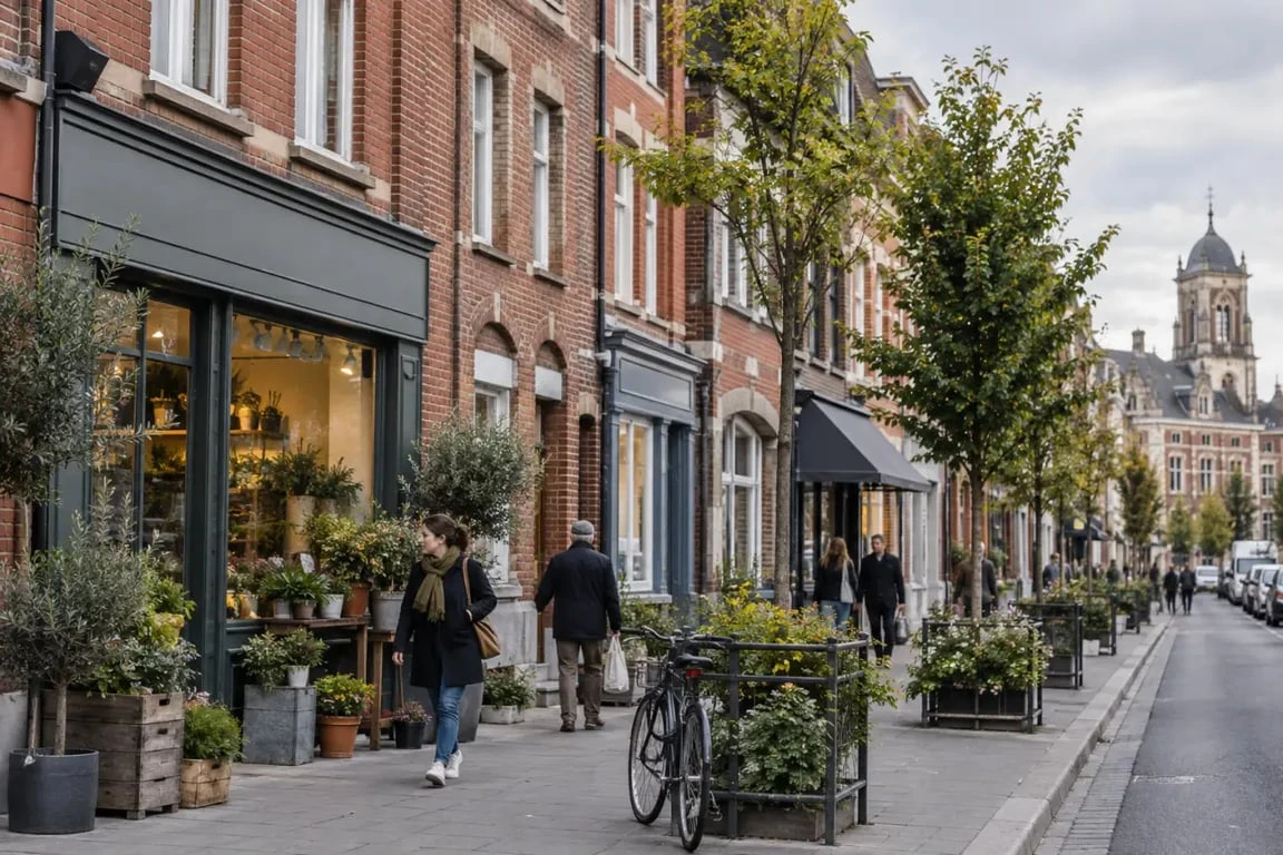 Quartier Tourcoing : rue résidentielle avec maisons en briques et commerces de proximité