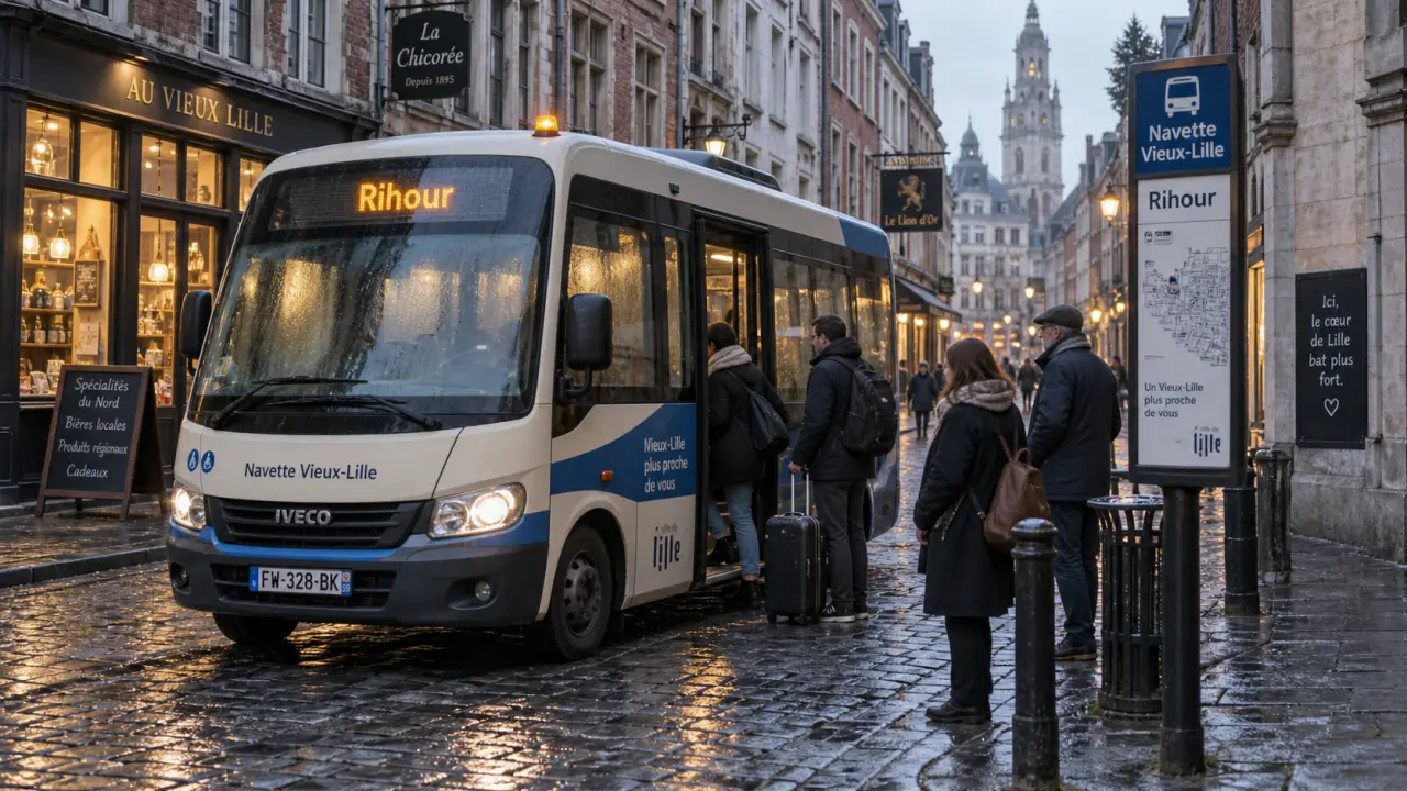 Navette vieux lille : minibus s’arrête à l’arrêt Rihour, rue du Vieux-Lille