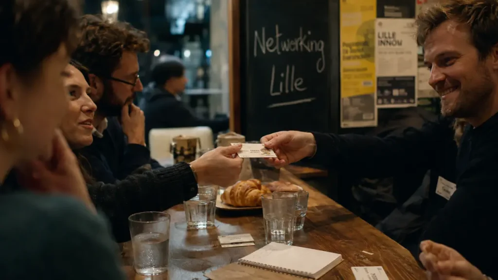 Networking lille en café : pros échangeant des cartes de visite