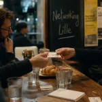 Networking lille en café : pros échangeant des cartes de visite